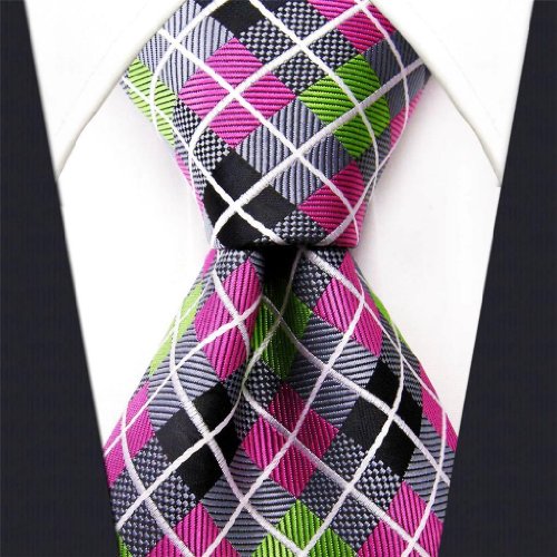 Intrepid Executive Wardrobe Accessory , Handmade 100% Silk Jacquard Woven Gray Pink Green Checked Tie 3.4