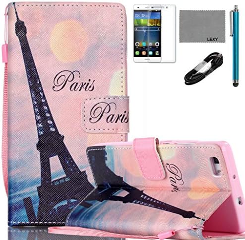 Huawei P8 LITE Case, LEXY PU Leather Case with Credit ID Cards Holders & Stand for Huawei P8 LITE with 9H Glass Screen Protector, V8 USB Cable and Stylus (Pink Eiffel)