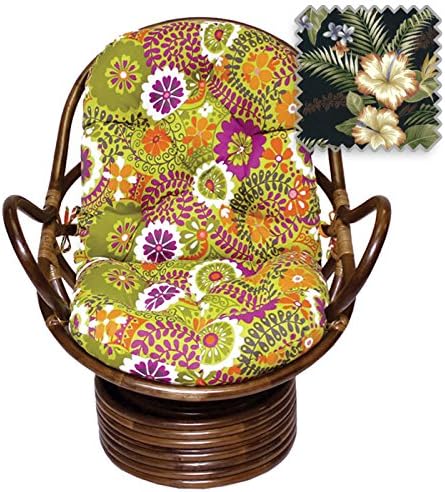 Bali Rattan Papasan Swivel Rocker with Cushion - Print Outdoor Fabric, Freeport Ebony