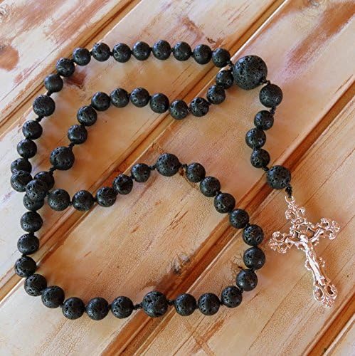 Lava rosary necklace with ornate silver crucifix