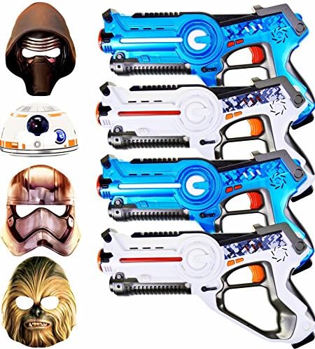 Boys Star Wars Birthday Party Set with 8 Character Masks Kylo Ren Chewbacca StormTrooper BB-8 Plus 6 Boys Toys Laser Tag Blasters (3 BLUE / 3 WHITE)