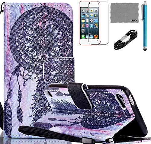 Touch 5 6th Case, LEXY PU Leather Case with Credit ID Cards Holders &amp; Stand for Apple iPod Touch 6 5th Generation with 9H Glass Screen Protector and Stylus (Black Windbell)