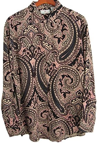 Mens Silk Blend Camp Shirt Long Sleeve Paisley Casual Dress Cool Brown (Small)