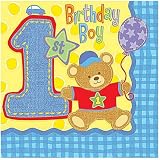 Hugs and Stitches Boys 1st Birthday Beverage Napkins 16ct