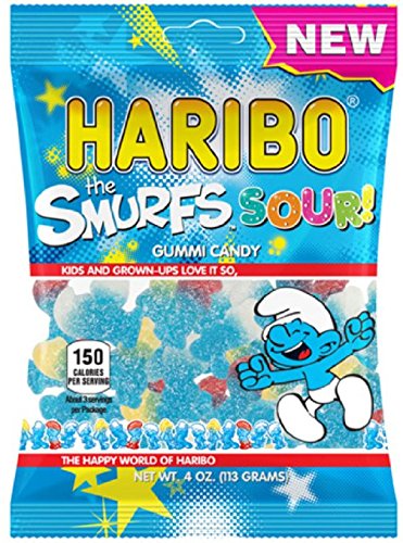 New Haribo The Smurfs Sour! Gummi Candy 4 oz Bag (12 Bags (Full Case))