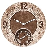 Outdoor Living : StoneWorks 14" Whitewashed, Variagated Tiled Mosaic Bronze Clock Indoor Outdoor Thermometer Combo