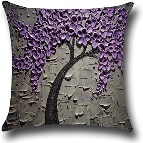 Rise World Pillowcase 18" x 18" Square Blend Linen Cushion Cover Pillowcase Decorative Oil Painting Black Large Tree Purple Flowers