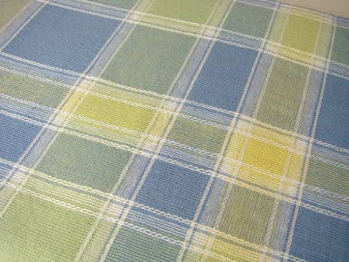 ec-q57n8 SET Chainstitch Plaid Cotton 52 x 70 Tablecloth & 8 Dinner Napkins Muted Blue Sage Yellow White