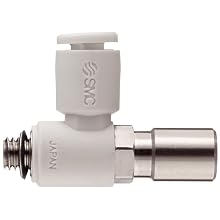 SMC AS Air Flow Control Valve, PBT & Nickel Plated Brass, Elbow, Screwdriver Adjusting, Metric Thread Male X Push-to-Connect Fitting
