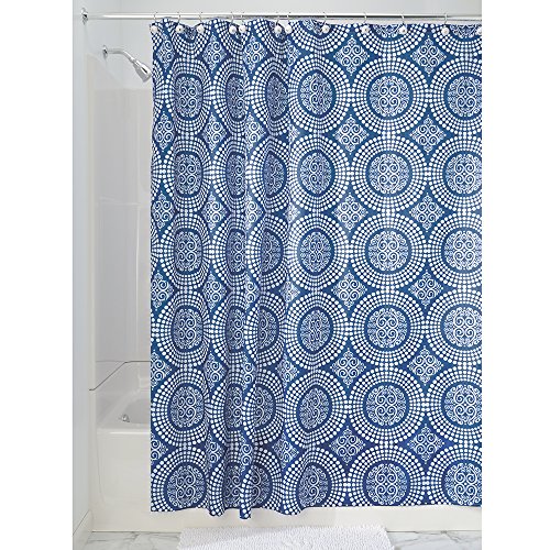 InterDesign Medallion Fabric Shower Curtain, Long 72 x 84, White/Ink Blue