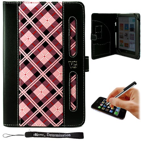 eBigValue: Pink Professional Portfolio Cover Carrying Case , Plaid Pattern with Synthetic Leather Design Feature with Memory Card , Notepad and Pen Slots For Barnes & Noble NOOK COLOR eBook Reader Tablet + Includes a eBigValue (TM) Determination Hand 