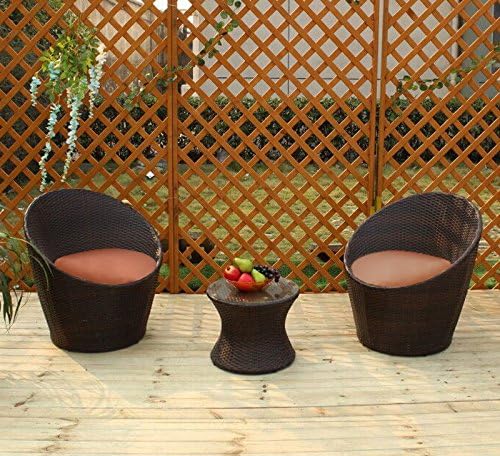 HereDeco Outdoor Patio Furniture Wicker 3-piece Chat Set Rattan Bistro Coffee Table Chair setw/ Cushions (Brown Wicker - Terracotta Cushion)
