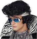 Vegas Style Elvis Costume Wig Black with White Streak and Sideburns