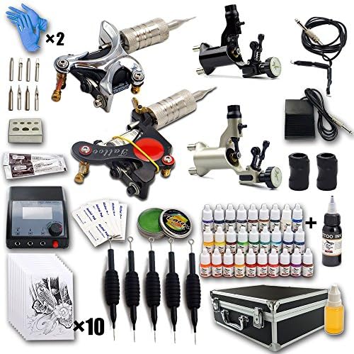 Professional Artist Tattoo Kit 4 Machines 2 Rotary Moror Guns 9x30ml Inks LCD Dual Output Power Supply Carrying Case