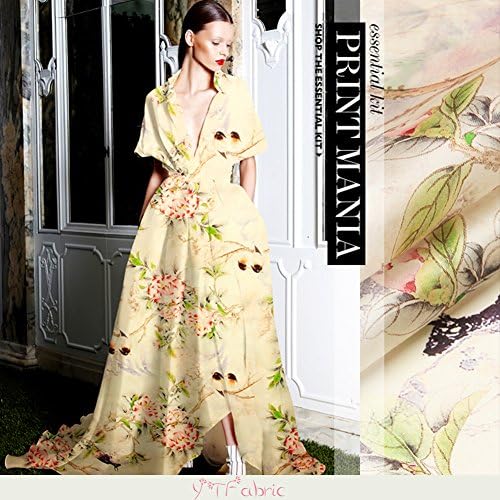 Printed Yellow Silk Organza Fabric with Floral &amp; Bird Pattern, Fashion Pure Silk Fabric By The Yard