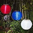 Set of 3 Hanging Oriental 10" Weatherproof Rechargeable Nylon Solar Lanterns - Red, White and Blue