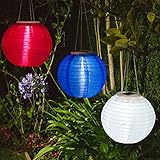 Set of 3 Hanging Oriental 10" Weatherproof Rechargeable Nylon Solar Lanterns - Red, White and Blue