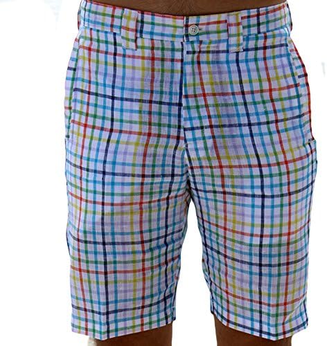 Men's Linen Flat Front Plaid Shorts SIZE:34 COLOR:AQ Aqua