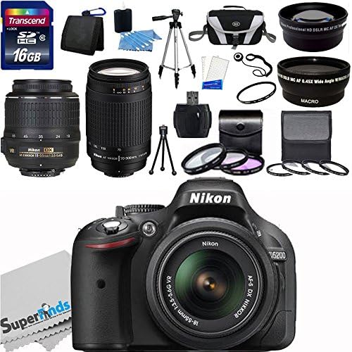 Nikon D5200 24.1MP DX-Format CMOS Sensor Digital SLR Camera (Black) - International Version (No Warranty) with 18-55mm f/3.5-5.6G AF-S DX VR and Nikon AF Zoom Nikkor 70-300mm f/4-5.6G Lens (Manual Focus) + Wide Angle + Telephoto + Full 32GB Deluxe Accessory Bundle