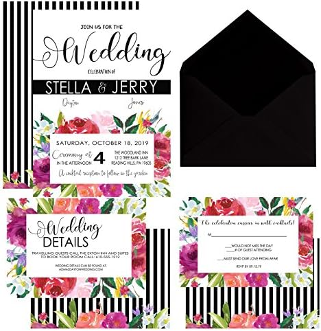 Prismatic Floral Wedding Invitations Black Stripe &amp; Watercolor Formal or Casual Ceremony Set Printed