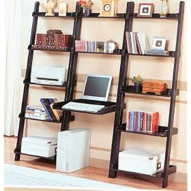 Black Finish Leaning Desk With Two Bookcases