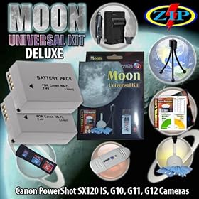 The Moon Universal kit for CANON PowerShot SX30 IS, G10, G11, G12 Cameras. Includes: 2 NB-7L 1500mAh Ultra High Capacity Batteries made with cells produced in JAPAN or USA, Table-Top Wire Tripod, 110/240 Mini Charger with fold out plug and a DC car adapter, SD/SDHC Card Reader, LCD Protection Film K