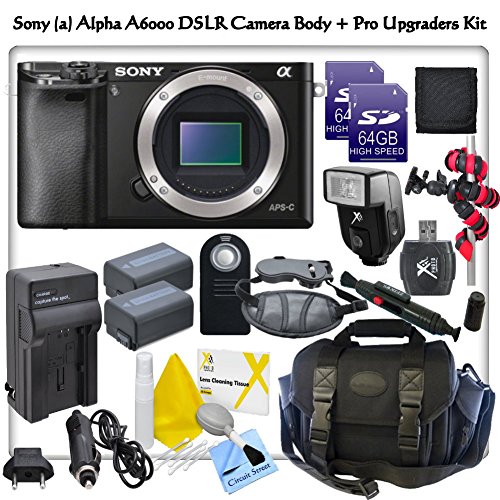 spec Sony (a) Alpha A6000 Mirrorless Digital Camera Body With CS Pro Upgraders Kit: Includes 2x Sony NP-FW50 Replacement Batteries, Rapid Travel Charger with Car Adapter & Euro Plugs, Pro Series Carrying Case, Wrist Strap, Flexible Tripod, Slave Flash, Wireless Remote, 2x 64GB SDXC Memory Cards, SD Card Reader, Memory Card Wallet, Brush Blower, Cleaning Solution, Cotton Swabs, Lens Pen & CS Microfiber Cleaning Cloth