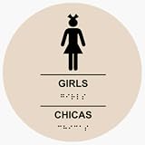 ADA Restroom Sign California Title 24 Style, GIRLS (with Braille = girls, Black_on_Almond), CHICAS (with Braille = Chicas, Black_on_Almond)