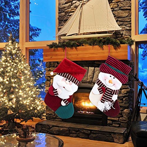 Fenghk Plush Linen Knit Border 17.3-Inch-by-7.9-Inch Santa Claus Snowman Candy Christmas Stockings, Set of 2