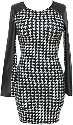 Stylebek Women's Slim Round Neck Houndstooth Printed Patchwork Mini Dress