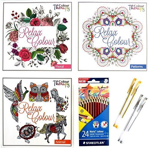 NEW: 3 Relax With Colour, Adult Colouring Books PLUS 24 Staedtler Noris Coloured Pencils And 4 Gel Pens - 2 x Silver and 2 x Gold by Possibly Perfect UK
