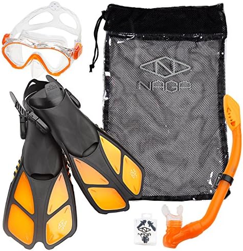 Naga Sports Kids Snorkel Set with Dry Top Snorkel, Single Lens Mask, Trek Fins, Mesh Bag - XS/XXS Orange