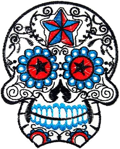 White Star Tracery Mexican Sugar Skull Cool Embroidered Iron On Patch