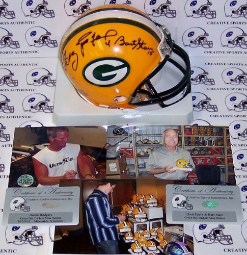 Bart Starr Brett Favre and Aaron Rodgers Hand Signed Packers Mini Helmet