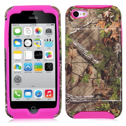 BBTbox ® Real Tree Hybrid Rugged Rubber Skin Matte Hard Case Cover Id Credit Card Holder for Apple Iphone 5c (rose pink)