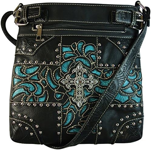 Concealed Gun Carry Purse Western Laser Cut Cross Body Bag Black and Turquoise