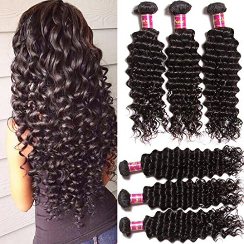 Unice Hair 3 Bundles Brazilian Virgin Hair Deep Wave Hair Extensions 6a Grade Unprocessed Human Hair Wave Natural Color Can Be Dyed and Bleached (14 14 14)