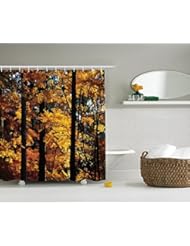 Home: Ambesonne Rural Decor Collection, Foliage Trees Fall Season and Forest Picture Painting, Polyester Fabric Bathroom Shower Curtain Set with Hooks, 75 Inches Long, Orange Yellow Brown Maroon - Ambesonne