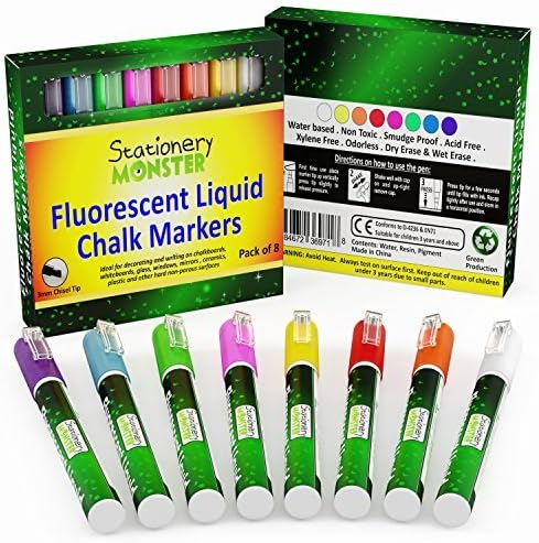 StationeryMonster Fluorescent Liquid Chalk Markers, 8 Vibrant Colors with Quality 3mm Chisel Tip Non Toxic, Kids-Safe, Odorless