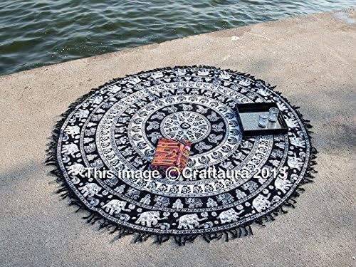 Round Mandala Tassel Fringe Indian Circle of Flowers Tapestry, 100% cotton Tassel Black &amp; White Beach Throw Round Yoga Mat Table Cover,Hippie Boho Gypsy Beach Towel wall hanging