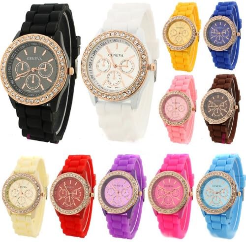 12 Pcs Multi Colors Women Silicon Band Rhinestones Encircled Three Circles Jelly Watch
