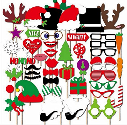 Photo Booth Props Christmas Theme, Supoice 50 Piece DIY Kit for Christmas Party Reunions Paper Prop Dress-up & Party Favors, Costumes with Mustache, Hats, Glasses, Lips, Bowler, Bowties on Stick