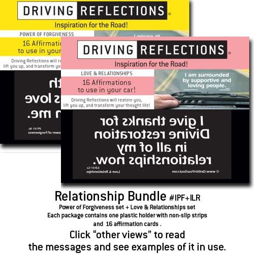 Relationship Bundle Driving Reflections 2-Pack, Inspirational affirmations to empower your thinking, relieve stress, and deepen your spiritual life while you drive! Give a unique motivational gift that uplifts with positive, faith-filled affirmations! Power of Forgiveness set + Love &amp; Relationships set.
