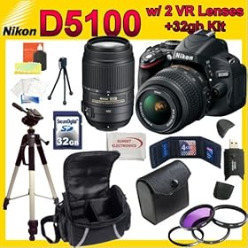 Nikon D5100 16.2MP CMOS Digital SLR Camera with Nikon 18-55mm VR Lens + Nikon 55-300mm VR Lens! Also Includes: 32GB SDHC Memory Card, Carrying Case, Tripod, Filters and Much more...