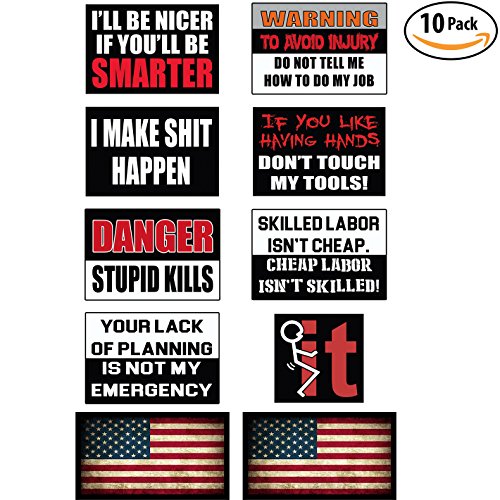 Funny Hard Hat & Helmet Stickers: 10 Decal Value Pack with Two American Flags. Great for a Construction Toolbox, Hardhat, Mechanic’s Chest & More. Fun Gift for Pro Union Working Men & Women. USA Made.