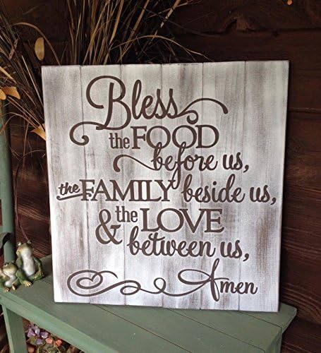 Bless the Food Before us wood sign 21"x22" White with brown Lettering heavily distressed Hand Painted reclaimed distressed Wood