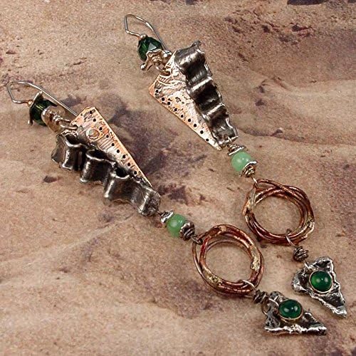 SHADES OF ESCHER - ooak One Of A Kind - Abstract Geometric Earrings in Sterling Silver, Copper, Green Onyx, Chrysoprase