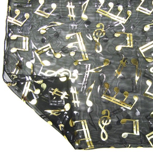 Black Chiffon Feel Gold Musical Notes Print Fashion Neck Scarf Tie Head Wrap