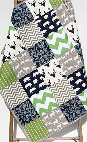 Modern Quilt, Baby Boy Bedding Woodland Deer Bears Navy Blue Green Buck Chevron Handmade Crib or Toddler Size