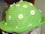 Ht25, Hand Crocheted Lime Green Gimp Girls Floppy Hat with White and Yellow Satin Daisies All Over